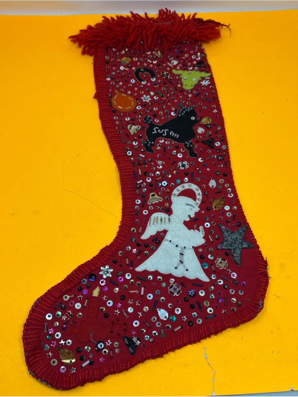 Vintage Red Christmas Stocking with Angel and Sequins